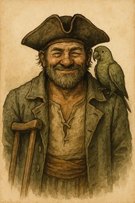La figurina di Long John Silver: ritratto a inchiostro e acquerello, con il pappagallo sulla spalla